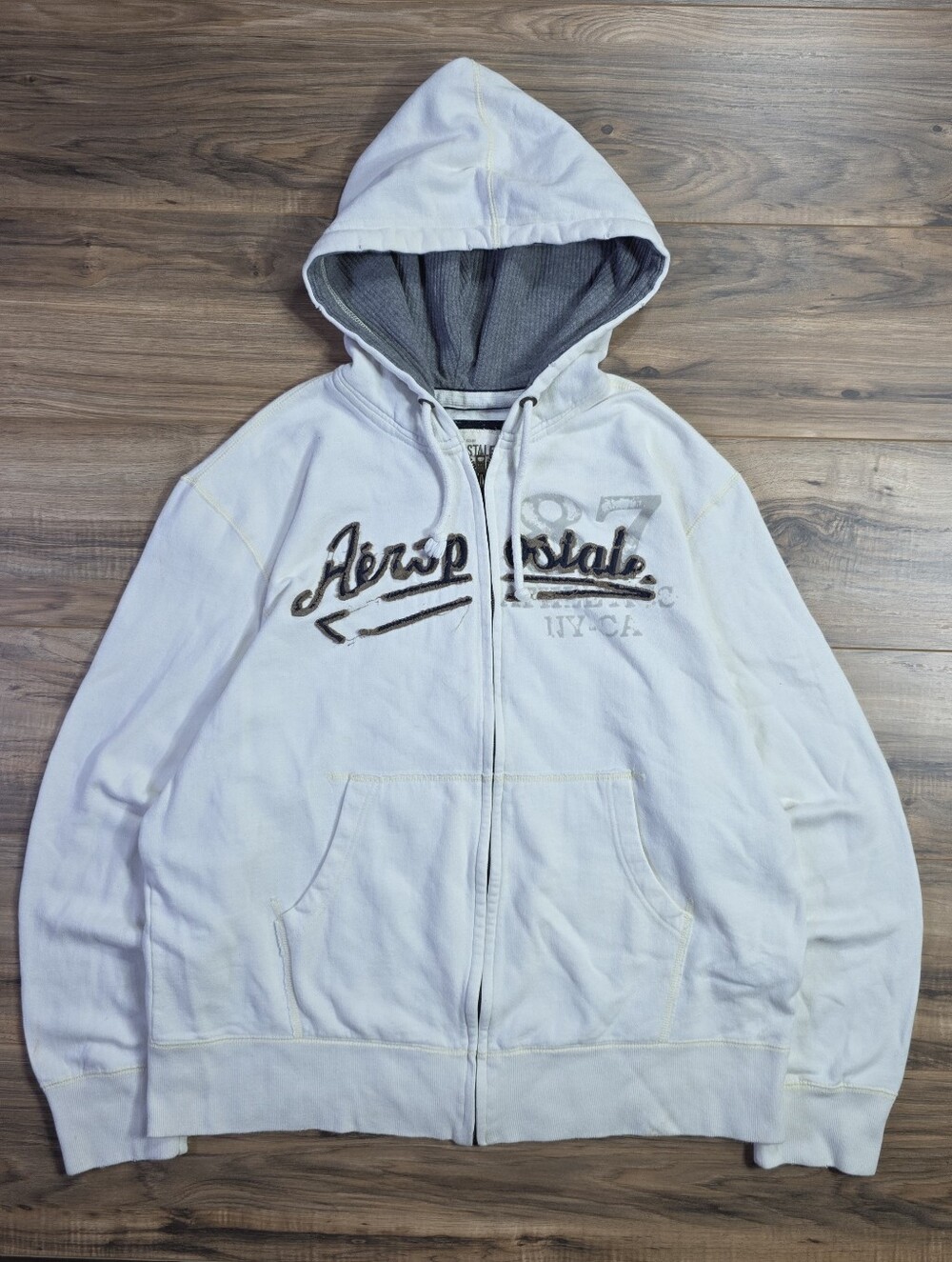 Aéropostale Zip-Up Hoodie Thermal Lined XXL Oversized White Embroidered Logo Y2K